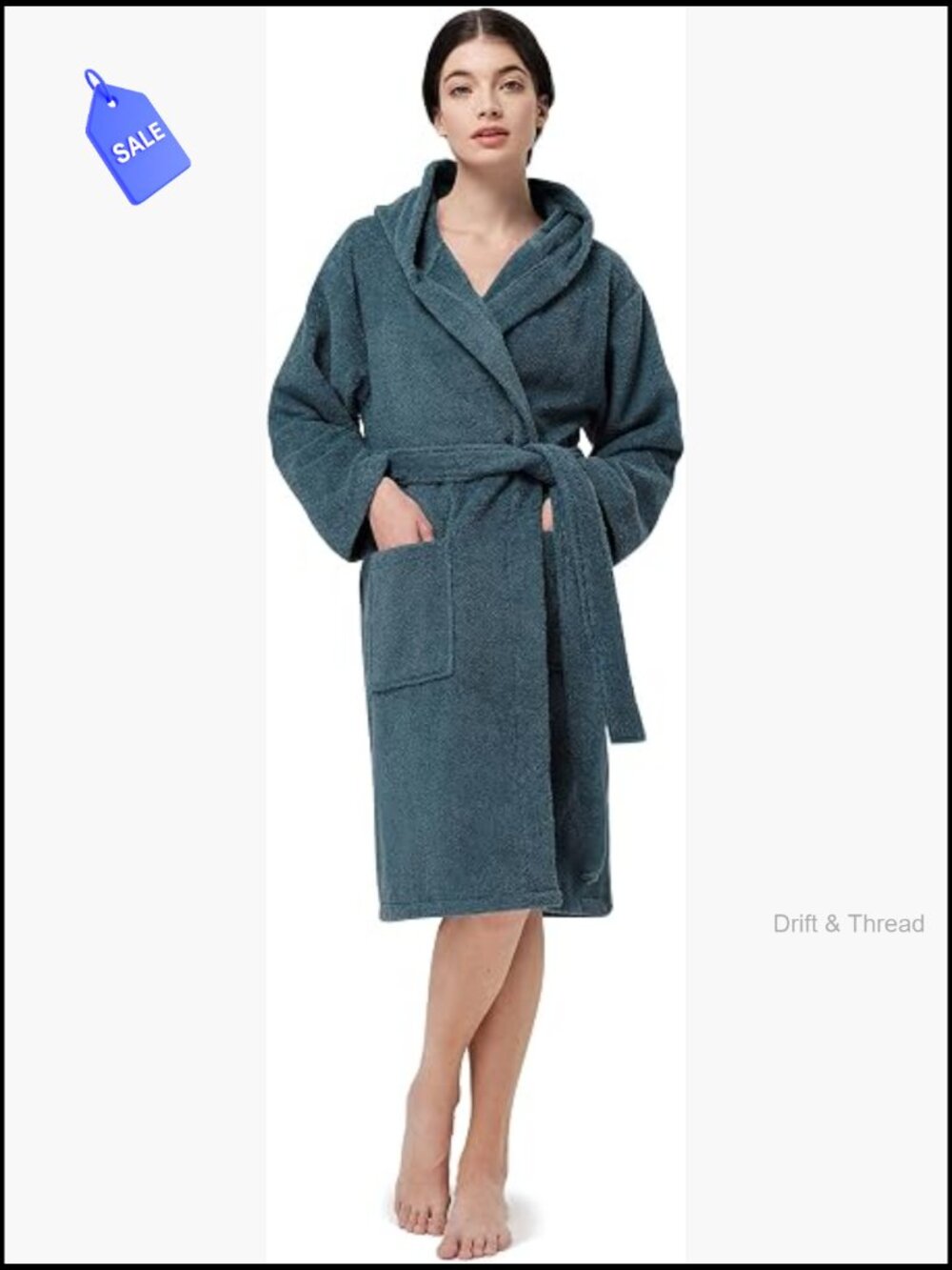 Cotton Terry Cloth Hooded Bathrobe with Pockets, Knee-Length Spa Robe